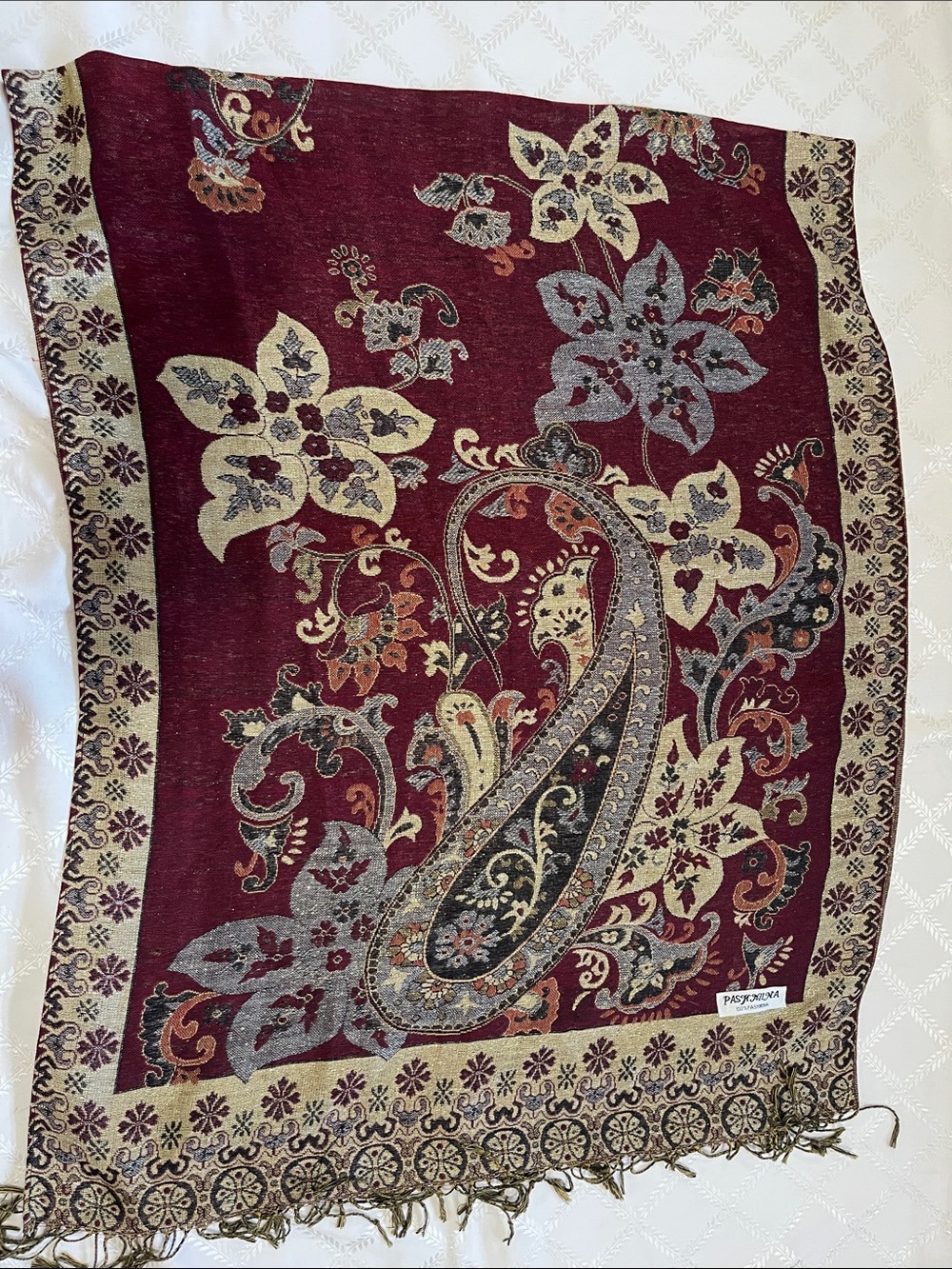Burgundy Paisley Floral Woven pashmina
